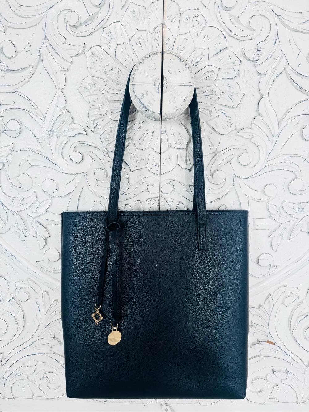 Classic Black Faux Leather, Coated Canvas Style Tote Bag with Gold Charm